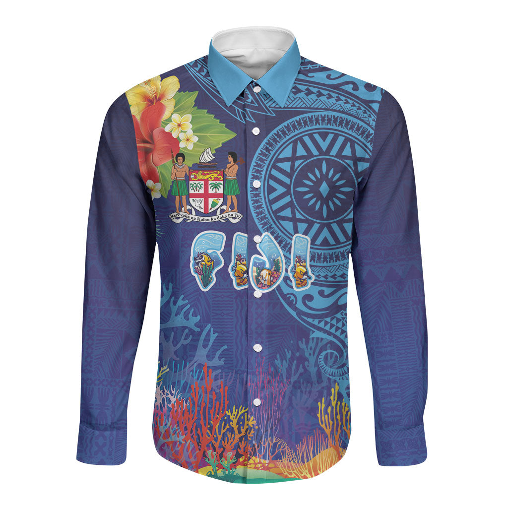 Fiji Day Long Sleeve Button Shirt Coral Reef with Tapa Motifs and Hibiscus Ocean Vibe LT03 Unisex Blue - Polynesian Pride