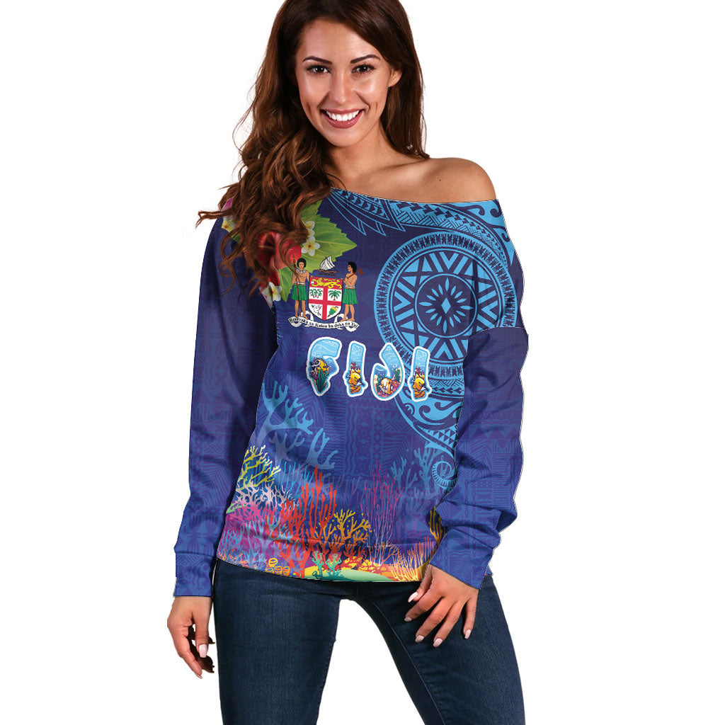 Fiji Day Off Shoulder Sweater Coral Reef with Tapa Motifs and Hibiscus Ocean Vibe LT03 Women Blue - Polynesian Pride