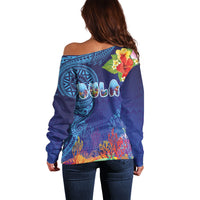 Fiji Day Off Shoulder Sweater Coral Reef with Tapa Motifs and Hibiscus Ocean Vibe LT03 - Polynesian Pride