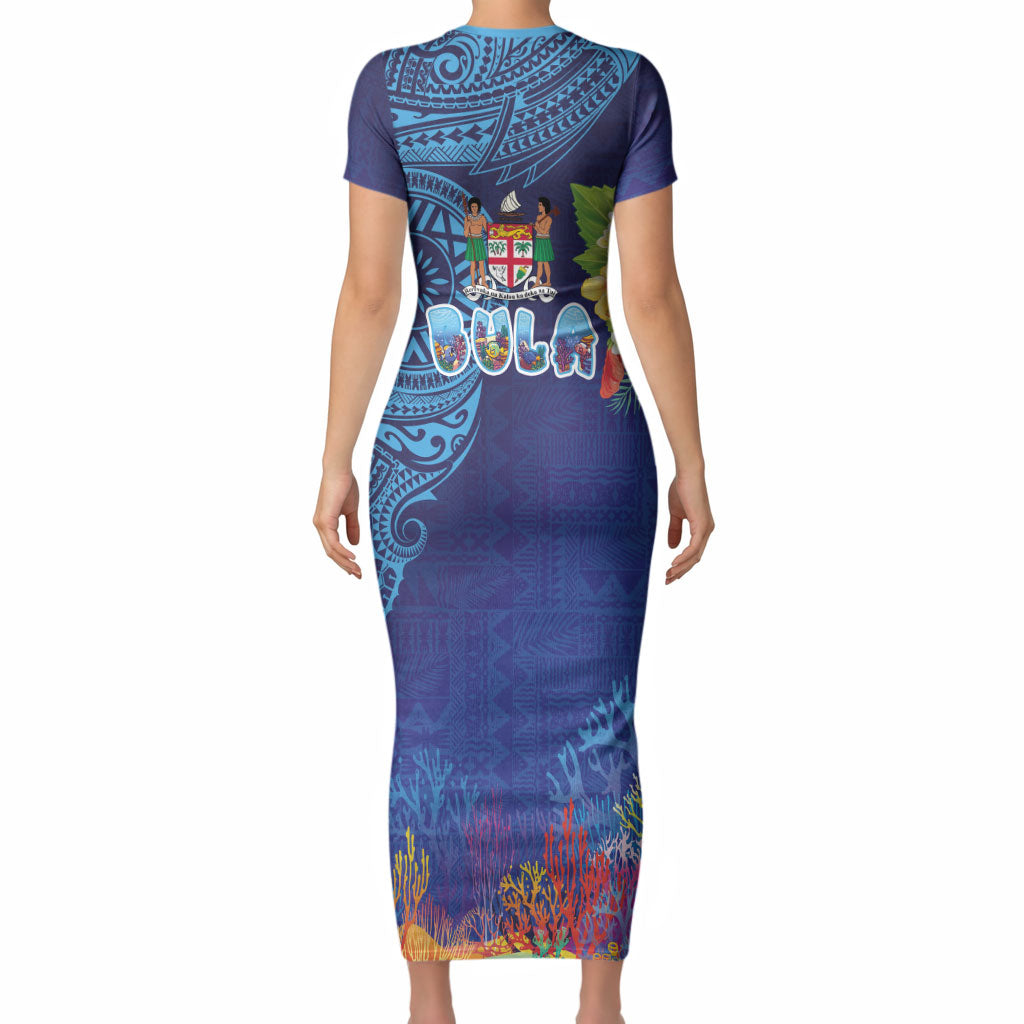 Fiji Day Short Sleeve Bodycon Dress Coral Reef with Tapa Motifs and Hibiscus Ocean Vibe LT03 - Polynesian Pride