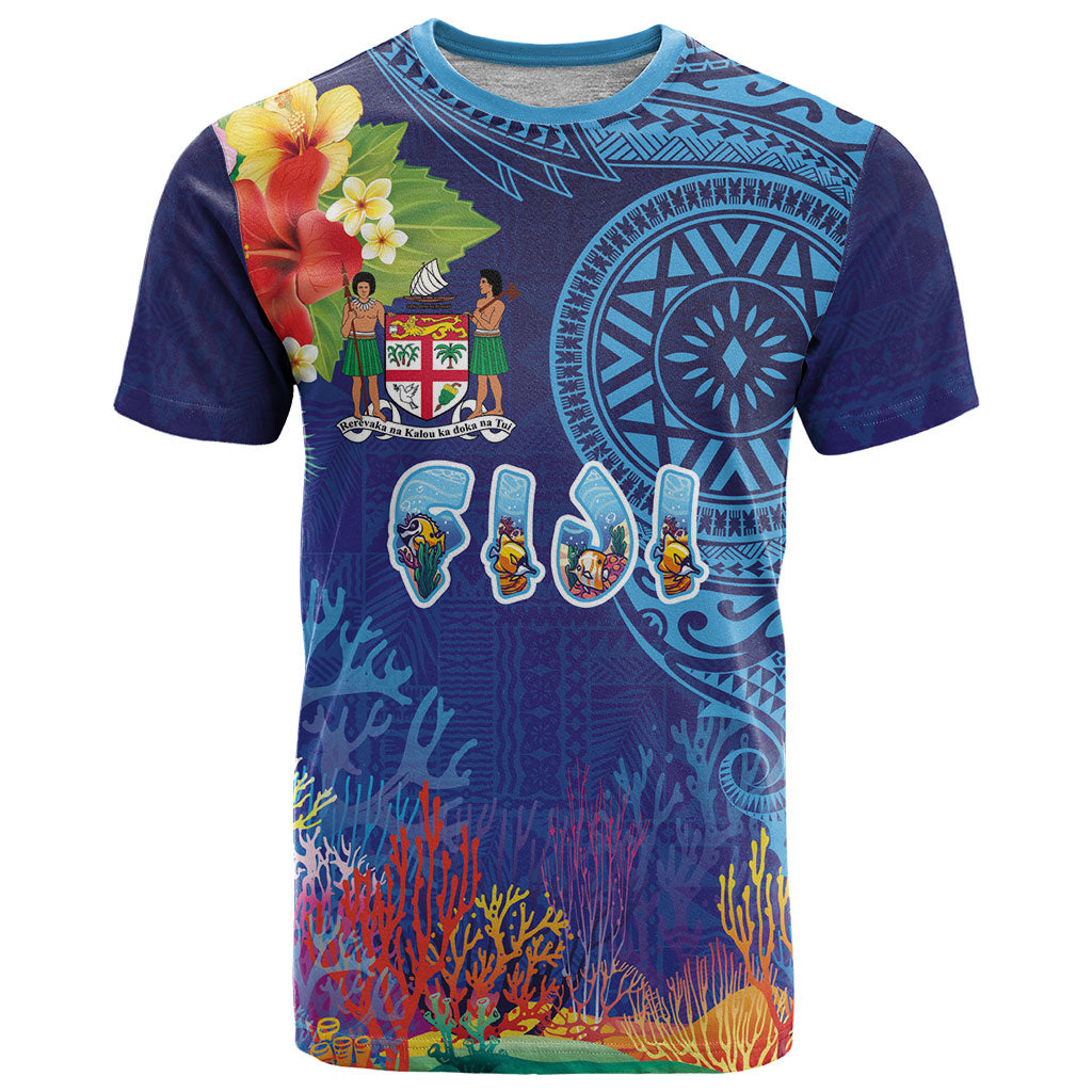 Fiji Day T Shirt Coral Reef with Tapa Motifs and Hibiscus Ocean Vibe LT03 Blue - Polynesian Pride