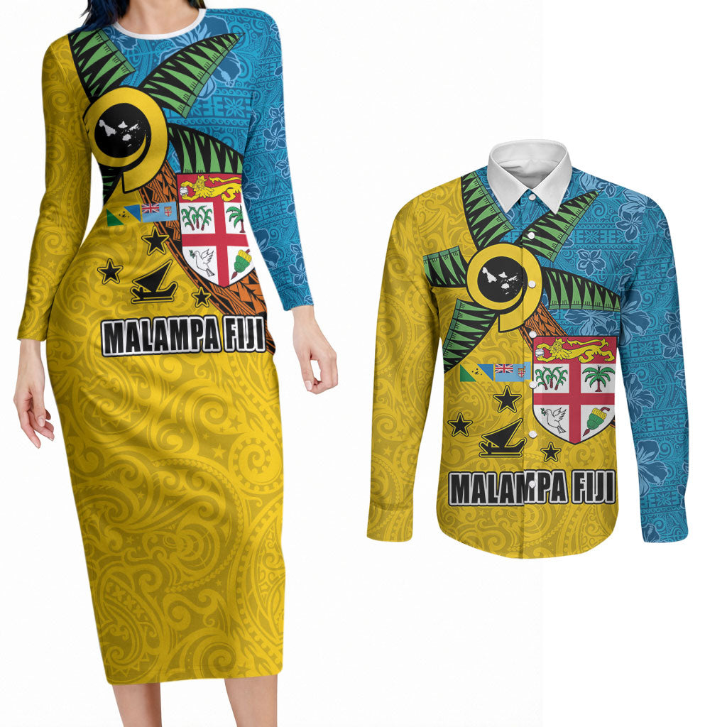 Malampa Fiji Day Couples Matching Long Sleeve Bodycon Dress and Long Sleeve Button Shirt Tapa and Melanesian Patterns with Coat of Arms