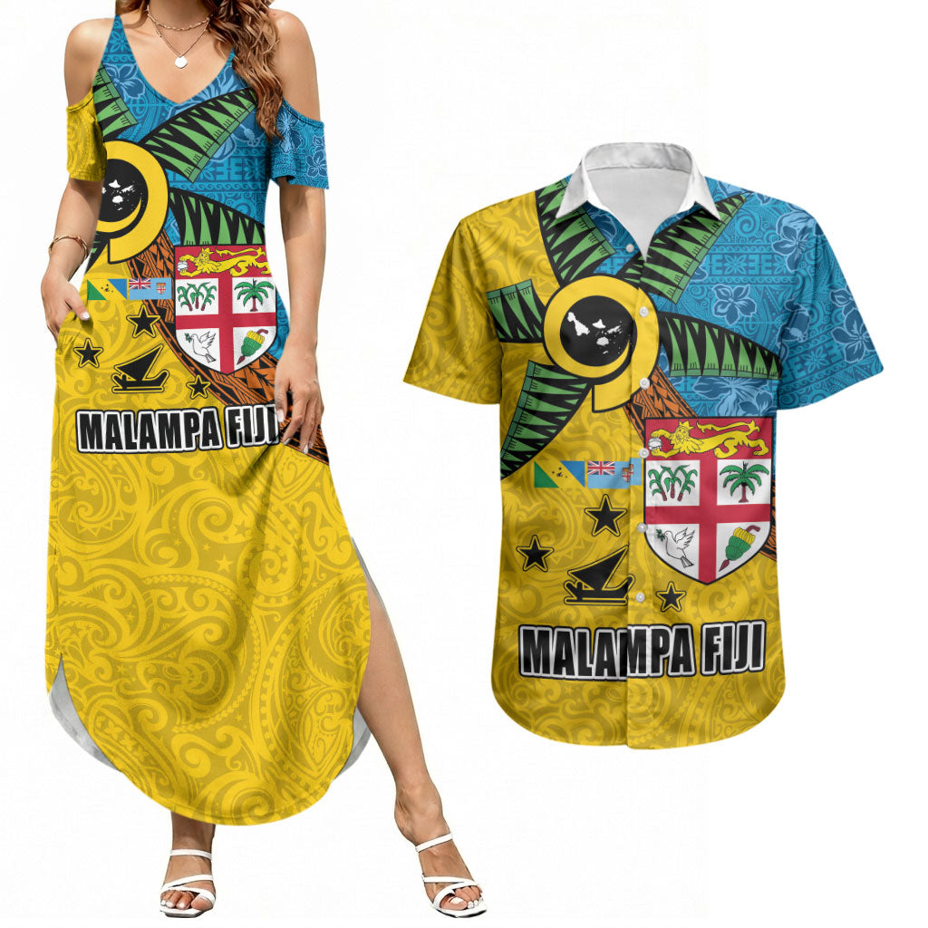 Malampa Fiji Day Couples Matching Summer Maxi Dress and Hawaiian Shirt Tapa and Melanesian Patterns with Coat of Arms