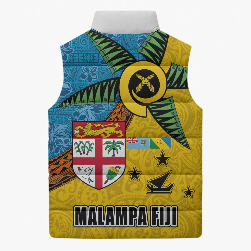 Malampa Fiji Day Sleeveless Puffer Jacket Tapa and Melanesian Patterns with Coat of Arms LT03 - Polynesian Pride