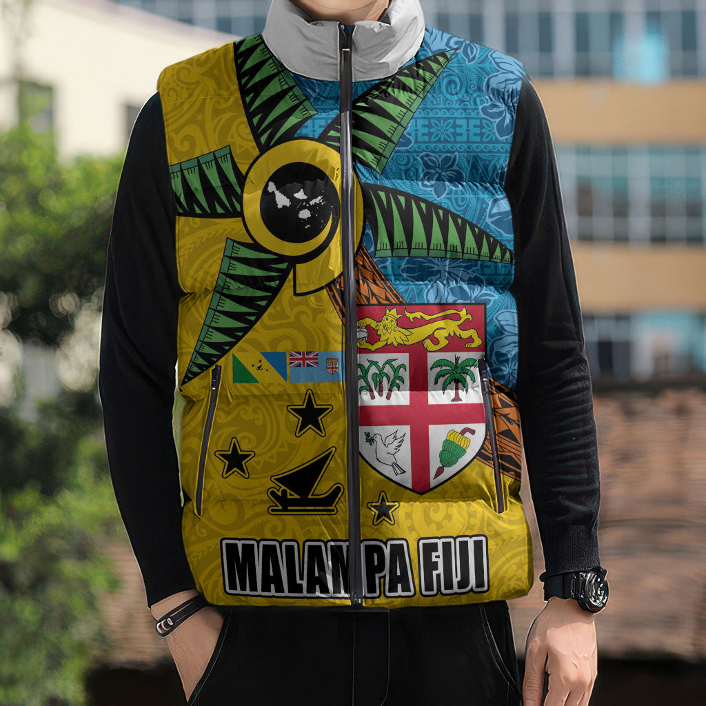 Malampa Fiji Day Sleeveless Puffer Jacket Tapa and Melanesian Patterns with Coat of Arms LT03 - Polynesian Pride