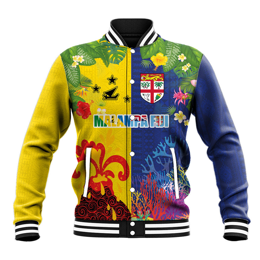 Malampa Fiji Day Baseball Jacket Volcano and Coral Reef with Culture Patterns Split Style