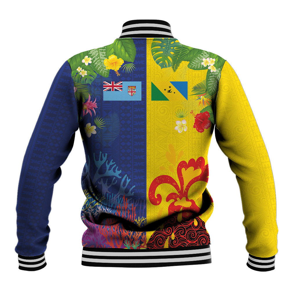 Malampa Fiji Day Baseball Jacket Volcano and Coral Reef with Culture Patterns Split Style