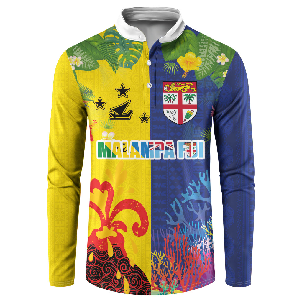 Malampa Fiji Day Button Sweatshirt Volcano and Coral Reef with Culture Patterns Split Style