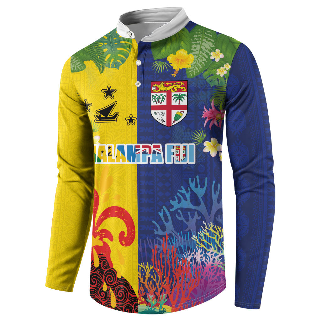 Malampa Fiji Day Button Sweatshirt Volcano and Coral Reef with Culture Patterns Split Style