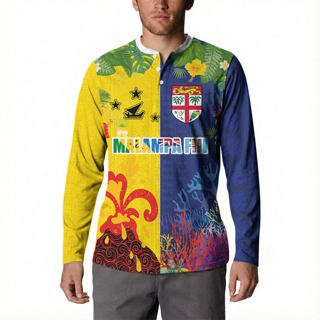 Malampa Fiji Day Button Sweatshirt Volcano and Coral Reef with Culture Patterns Split Style