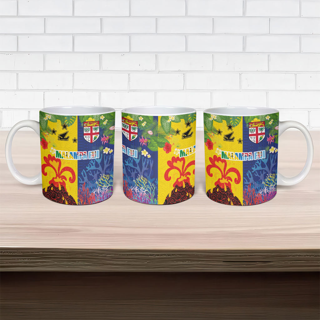 Malampa Fiji Day Ceramic Mug Volcano and Coral Reef with Culture Patterns Split Style