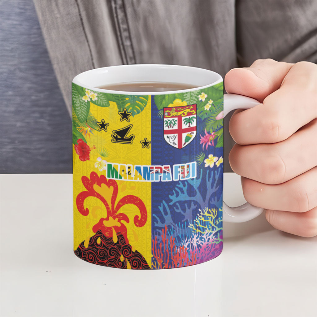 Malampa Fiji Day Ceramic Mug Volcano and Coral Reef with Culture Patterns Split Style