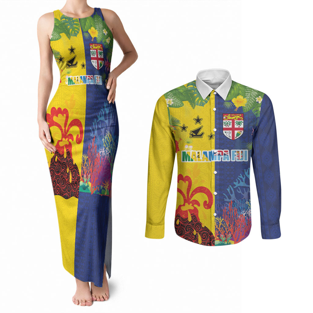 Malampa Fiji Day Couples Matching Tank Maxi Dress and Long Sleeve Button Shirt Volcano and Coral Reef with Culture Patterns Split Style
