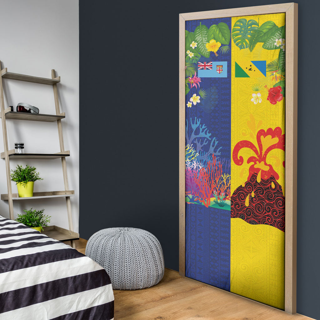 Malampa Fiji Day Door Cover Volcano and Coral Reef with Culture Patterns Split Style