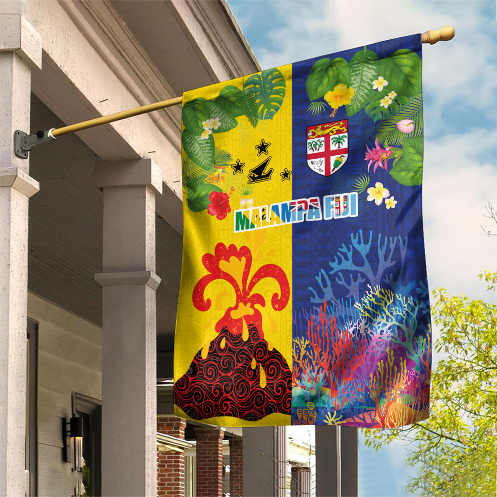 Malampa Fiji Day Garden Flag Volcano and Coral Reef with Culture Patterns Split Style