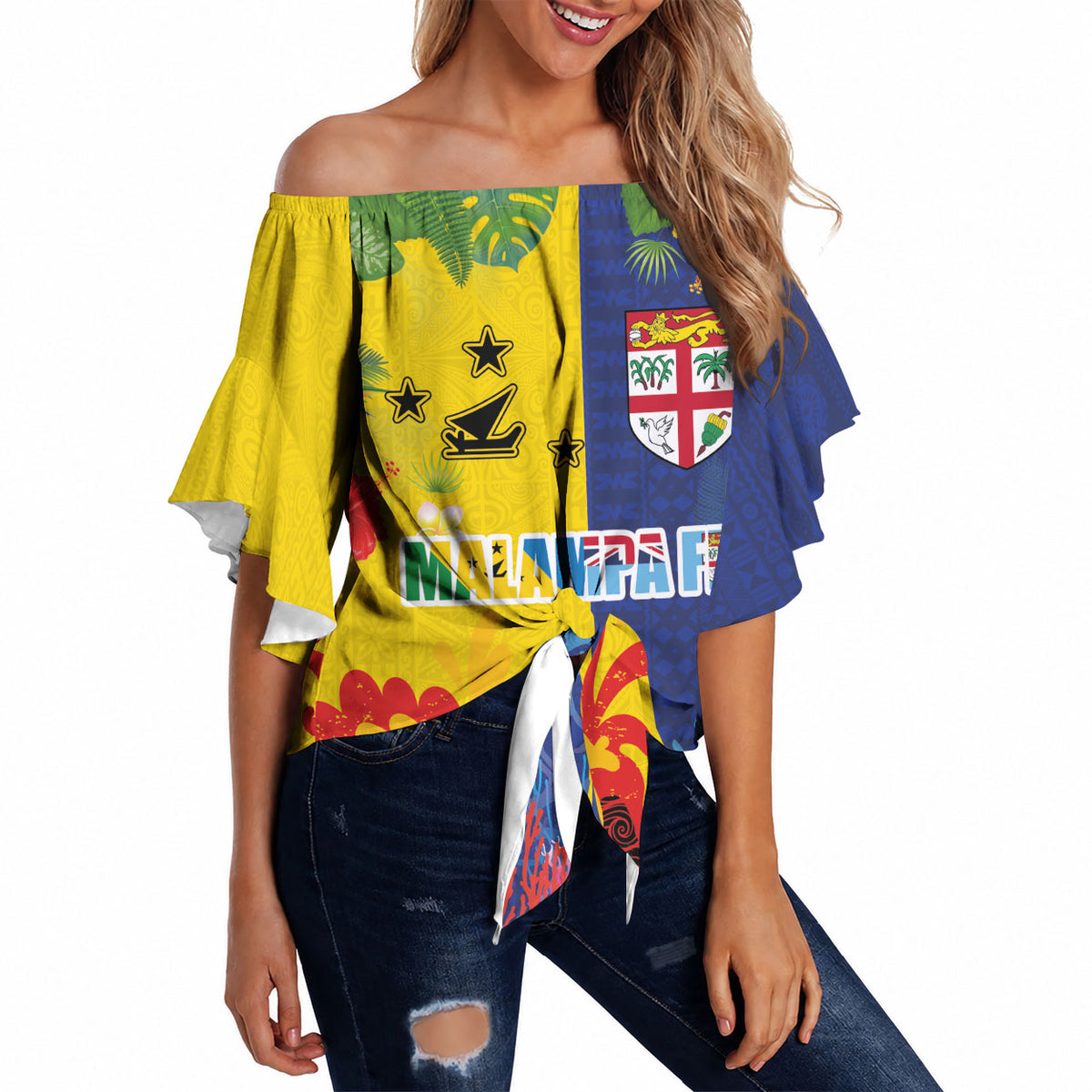 Malampa Fiji Day Off Shoulder Wrap Waist Top Volcano and Coral Reef with Culture Patterns Split Style LT03 Multicolor - Polynesian Pride