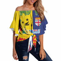 Malampa Fiji Day Off Shoulder Wrap Waist Top Volcano and Coral Reef with Culture Patterns Split Style LT03 Multicolor - Polynesian Pride