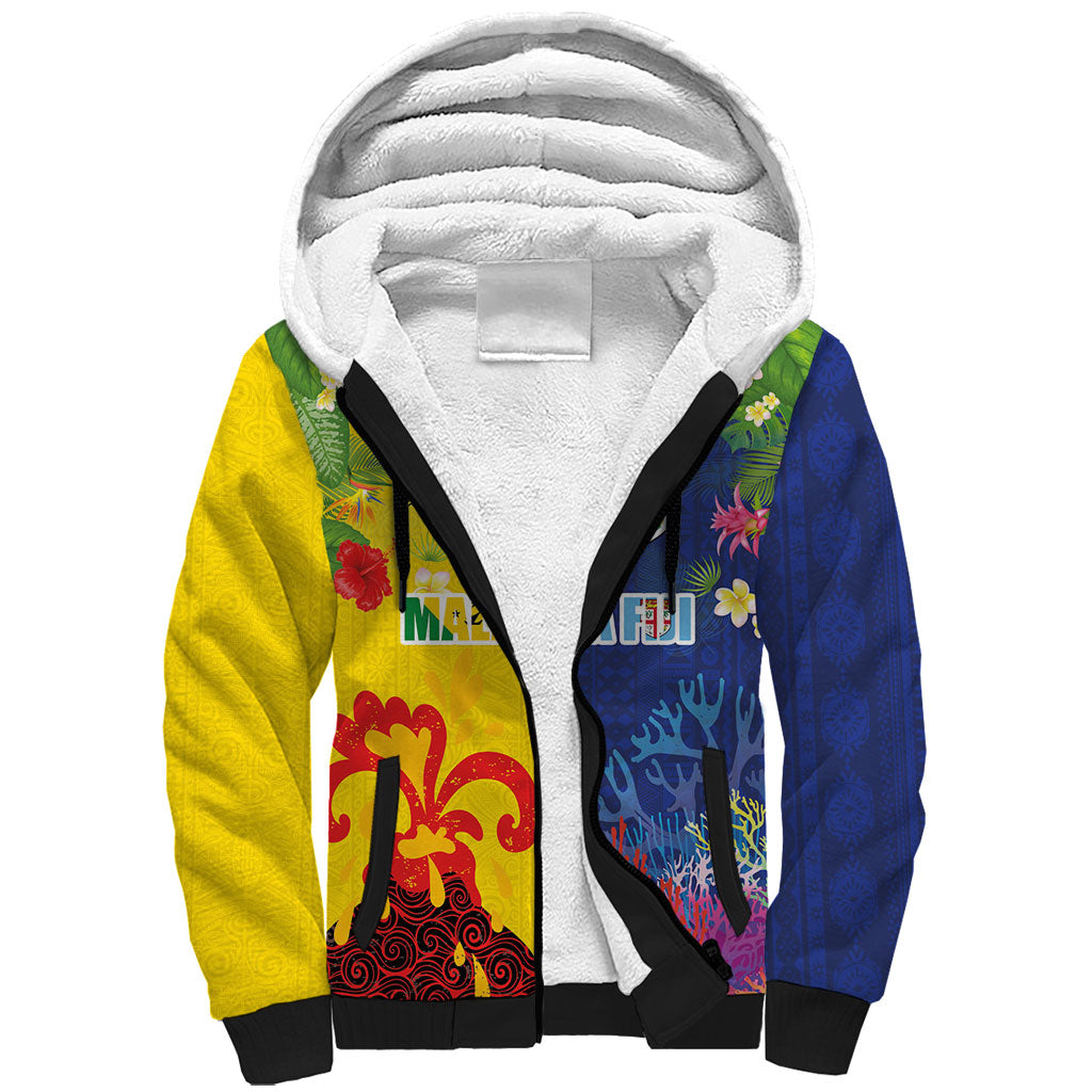 Malampa Fiji Day Sherpa Hoodie Volcano and Coral Reef with Culture Patterns Split Style LT03 Unisex Multicolor - Polynesian Pride