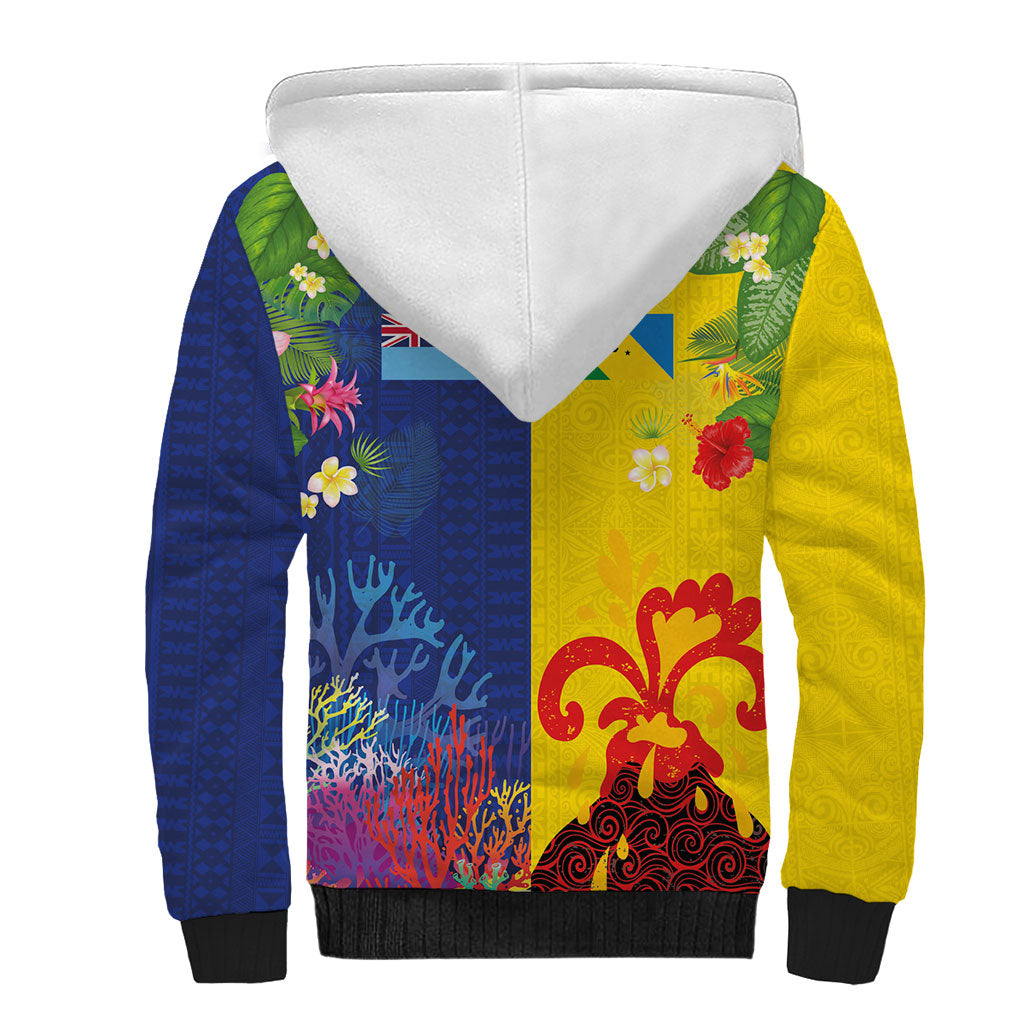 Malampa Fiji Day Sherpa Hoodie Volcano and Coral Reef with Culture Patterns Split Style LT03 - Polynesian Pride