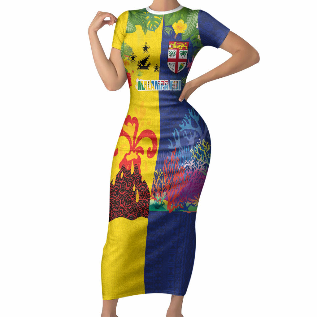 Malampa Fiji Day Short Sleeve Bodycon Dress Volcano and Coral Reef with Culture Patterns Split Style LT03 Long Dress Multicolor - Polynesian Pride