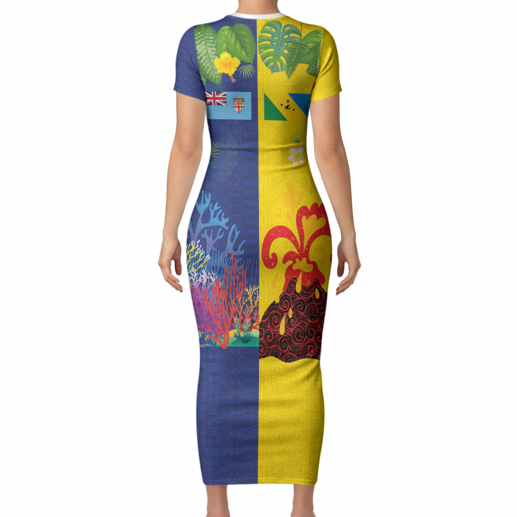 Malampa Fiji Day Short Sleeve Bodycon Dress Volcano and Coral Reef with Culture Patterns Split Style LT03 - Polynesian Pride
