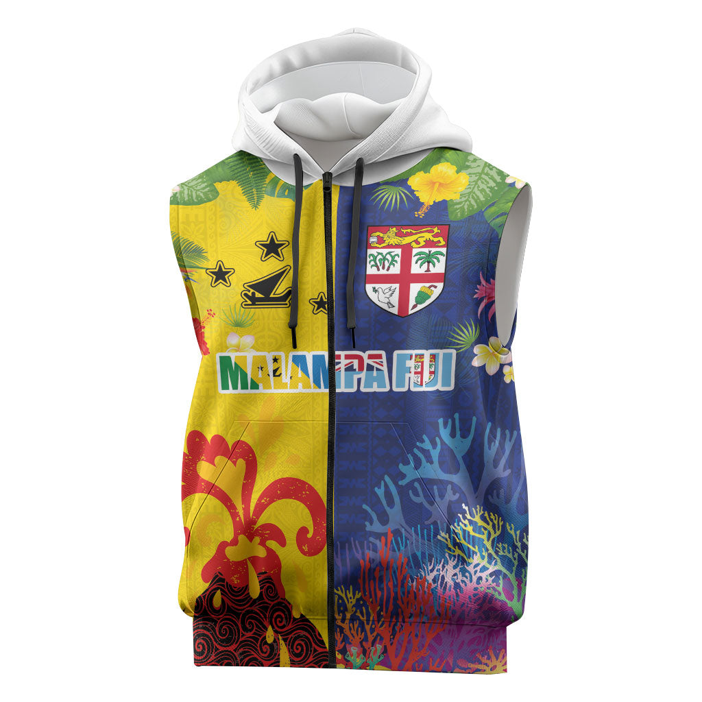 Malampa Fiji Day Sleeveless Zip Hoodie Volcano and Coral Reef with Culture Patterns Split Style LT03 Multicolor - Polynesian Pride