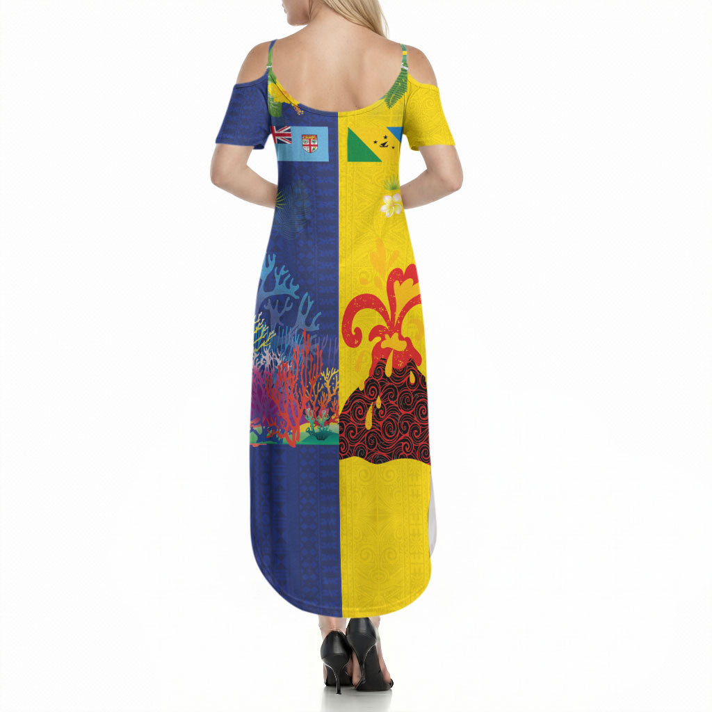 Malampa Fiji Day Summer Maxi Dress Volcano and Coral Reef with Culture Patterns Split Style
