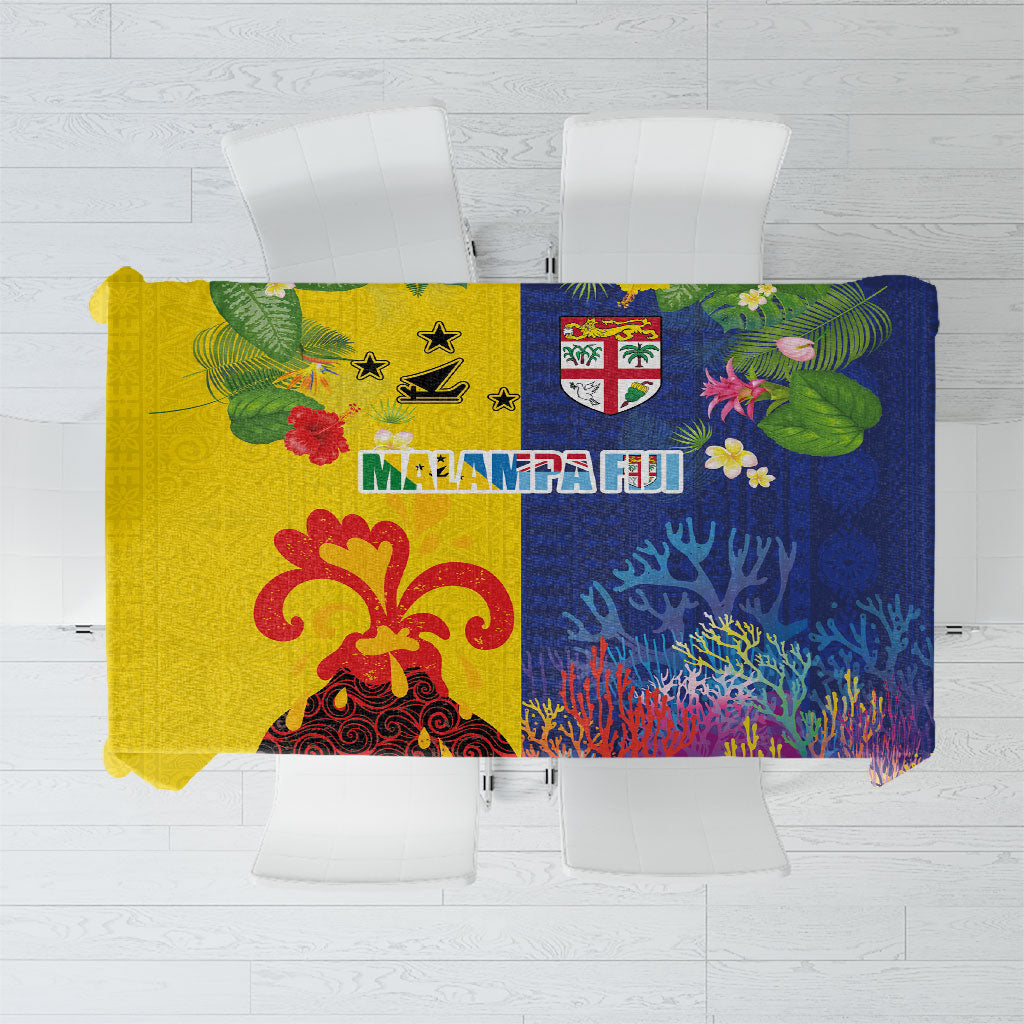 Malampa Fiji Day Tablecloth Volcano and Coral Reef with Culture Patterns Split Style