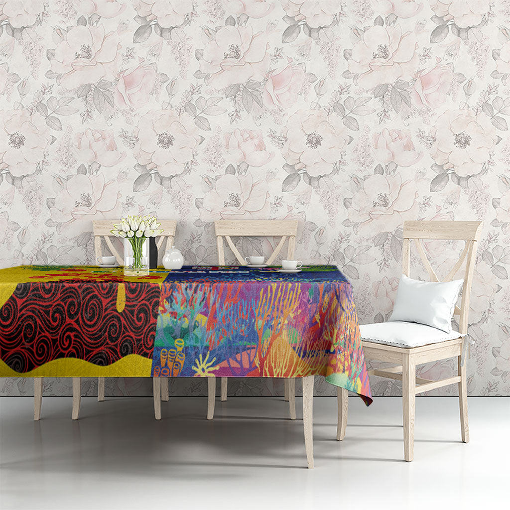 Malampa Fiji Day Tablecloth Volcano and Coral Reef with Culture Patterns Split Style