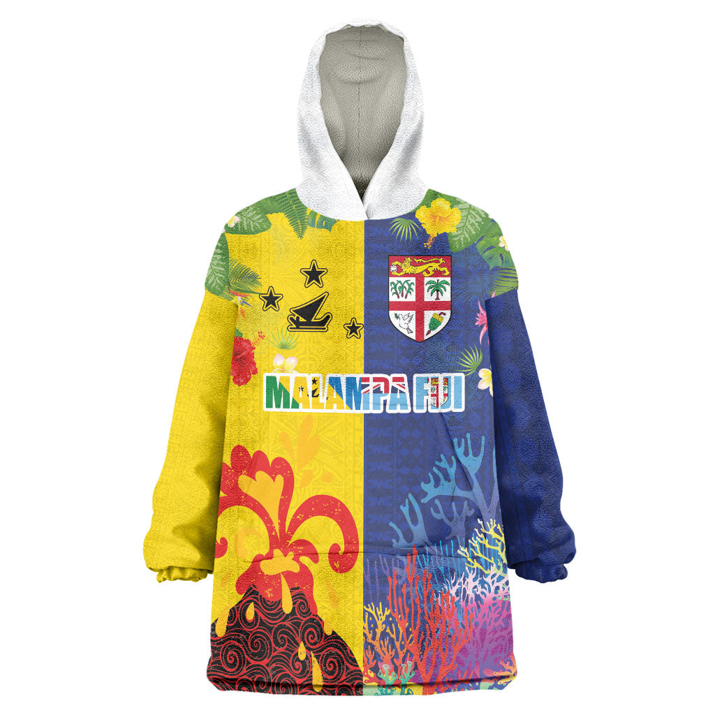 Malampa Fiji Day Wearable Blanket Hoodie Volcano and Coral Reef with Culture Patterns Split Style LT03 One Size Multicolor - Polynesian Pride