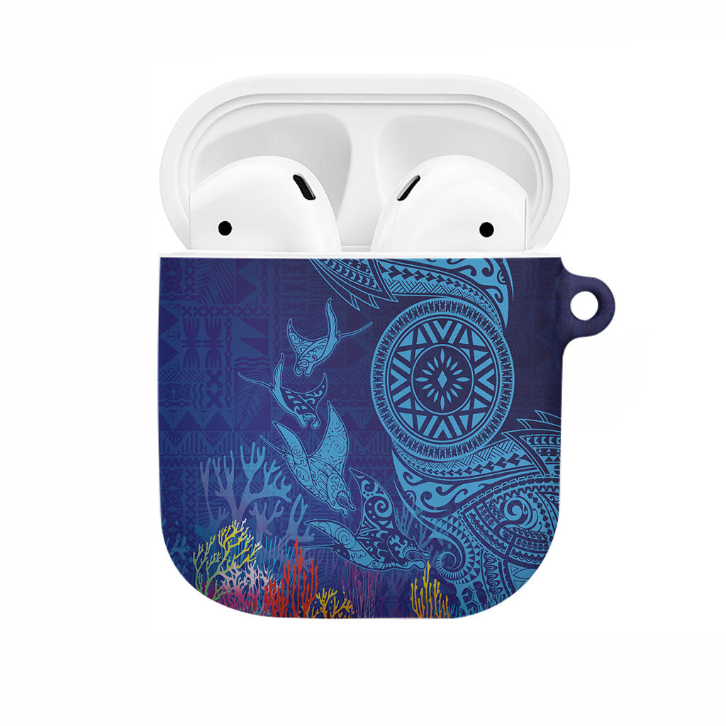 Fijian Tribal Manta Ray AirPods Case Masi Motif with Coral Reef Ocean Vibe LT03 Blue - Polynesian Pride