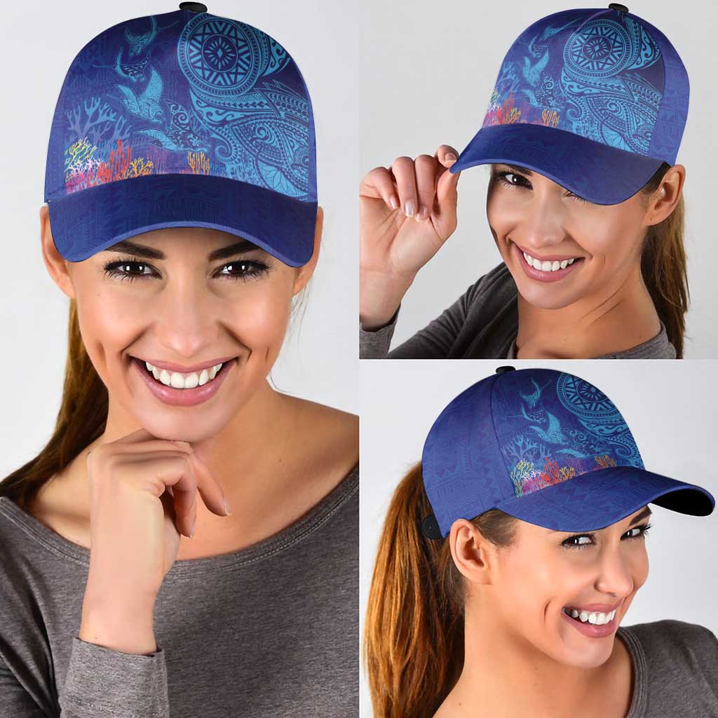 Fijian Tribal Manta Ray Classic Cap Masi Motif with Coral Reef Ocean Vibe