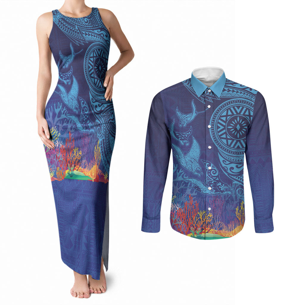 Fijian Tribal Manta Ray Couples Matching Tank Maxi Dress and Long Sleeve Button Shirt Masi Motif with Coral Reef Ocean Vibe