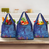 Fijian Tribal Manta Ray Grocery Bag Masi Motif with Coral Reef Ocean Vibe LT03 3-pack One Size Blue - Polynesian Pride