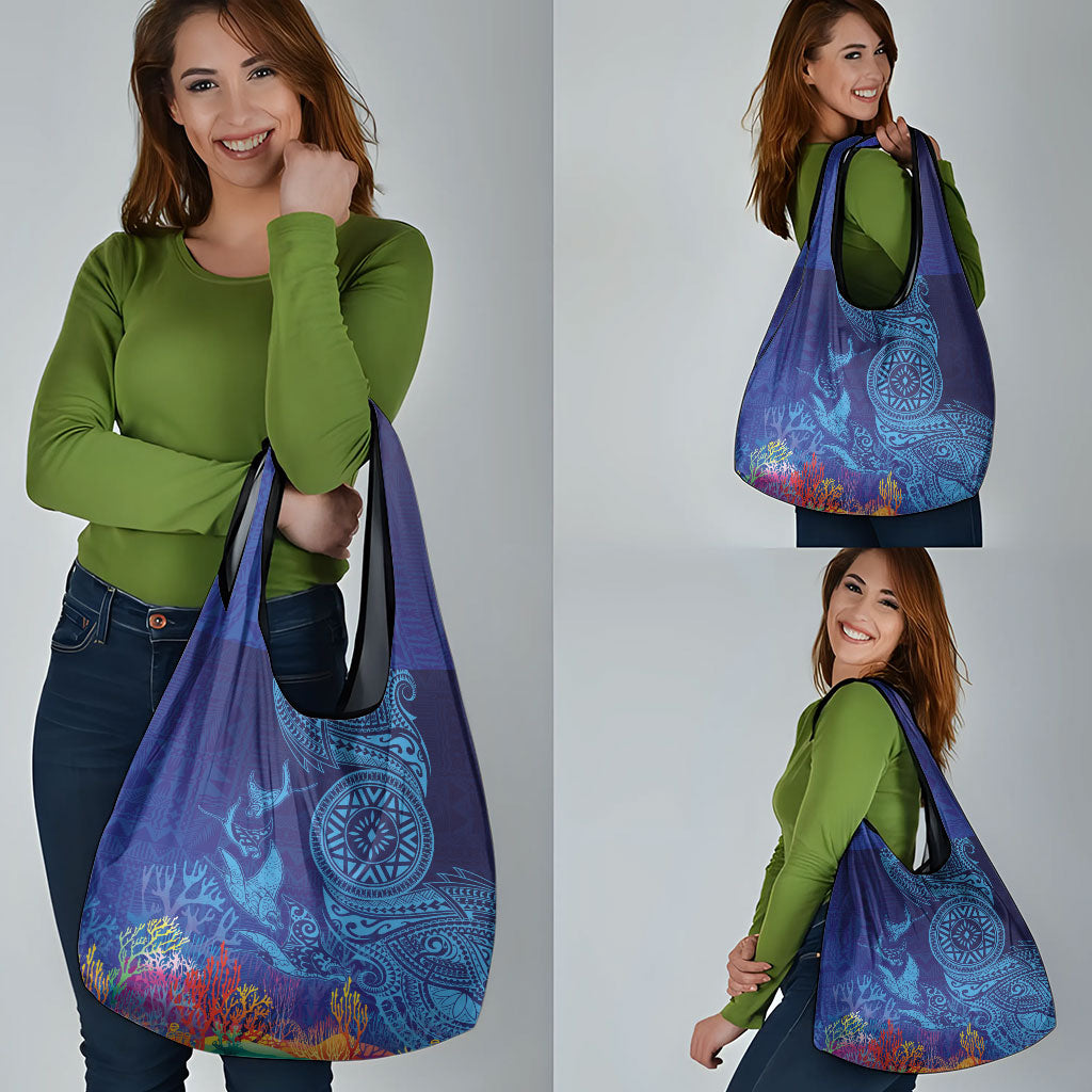 Fijian Tribal Manta Ray Grocery Bag Masi Motif with Coral Reef Ocean Vibe LT03 - Polynesian Pride