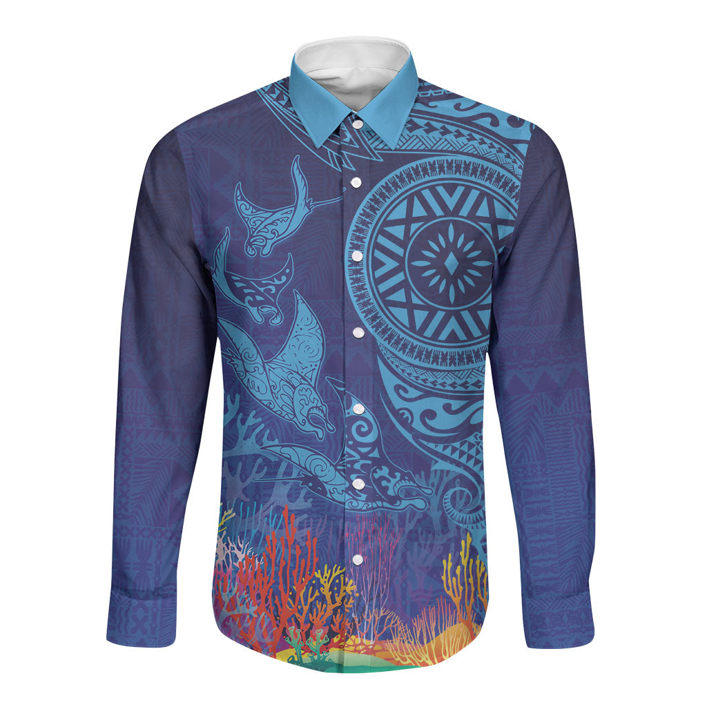 Fijian Tribal Manta Ray Long Sleeve Button Shirt Masi Motif with Coral Reef Ocean Vibe LT03 Unisex Blue - Polynesian Pride