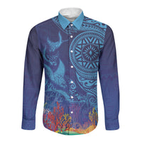 Fijian Tribal Manta Ray Long Sleeve Button Shirt Masi Motif with Coral Reef Ocean Vibe LT03 Unisex Blue - Polynesian Pride