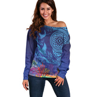 Fijian Tribal Manta Ray Off Shoulder Sweater Masi Motif with Coral Reef Ocean Vibe LT03 Women Blue - Polynesian Pride