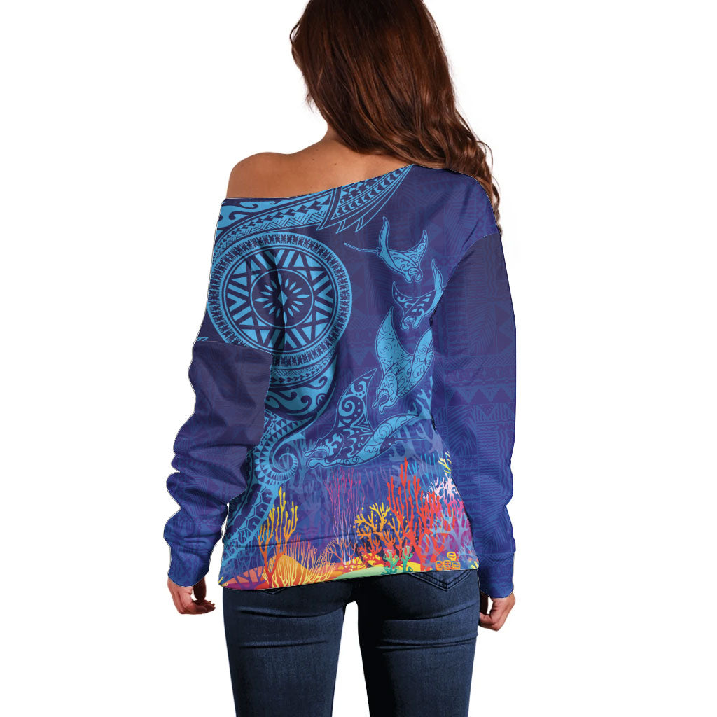 Fijian Tribal Manta Ray Off Shoulder Sweater Masi Motif with Coral Reef Ocean Vibe LT03 - Polynesian Pride