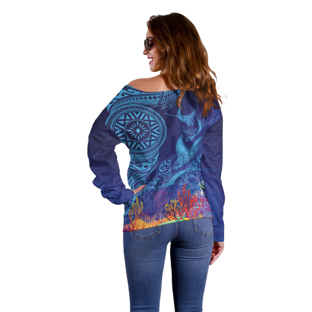 Fijian Tribal Manta Ray Off Shoulder Sweater Masi Motif with Coral Reef Ocean Vibe LT03 - Polynesian Pride