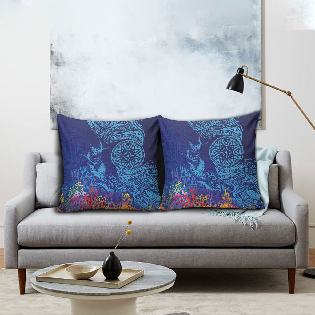 Fijian Tribal Manta Ray Pillow Cover Masi Motif with Coral Reef Ocean Vibe LT03 - Polynesian Pride