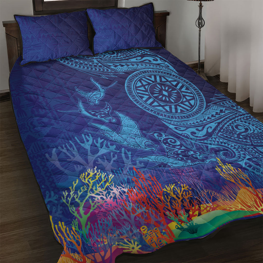 Fijian Tribal Manta Ray Quilt Bed Set Masi Motif with Coral Reef Ocean Vibe LT03 Blue - Polynesian Pride