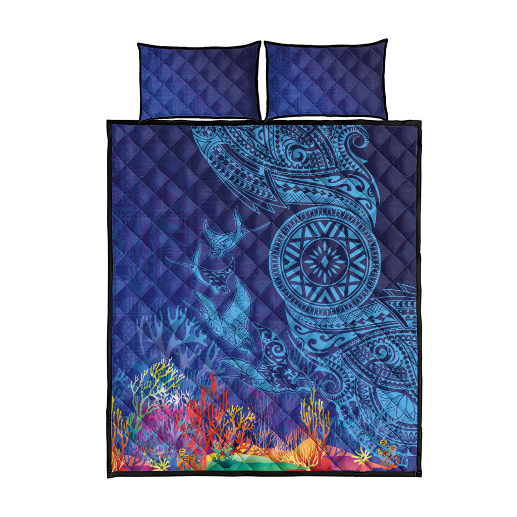 Fijian Tribal Manta Ray Quilt Bed Set Masi Motif with Coral Reef Ocean Vibe LT03 - Polynesian Pride