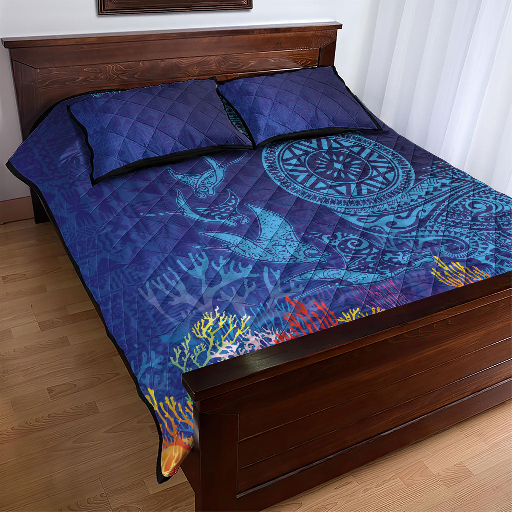 Fijian Tribal Manta Ray Quilt Bed Set Masi Motif with Coral Reef Ocean Vibe LT03 - Polynesian Pride