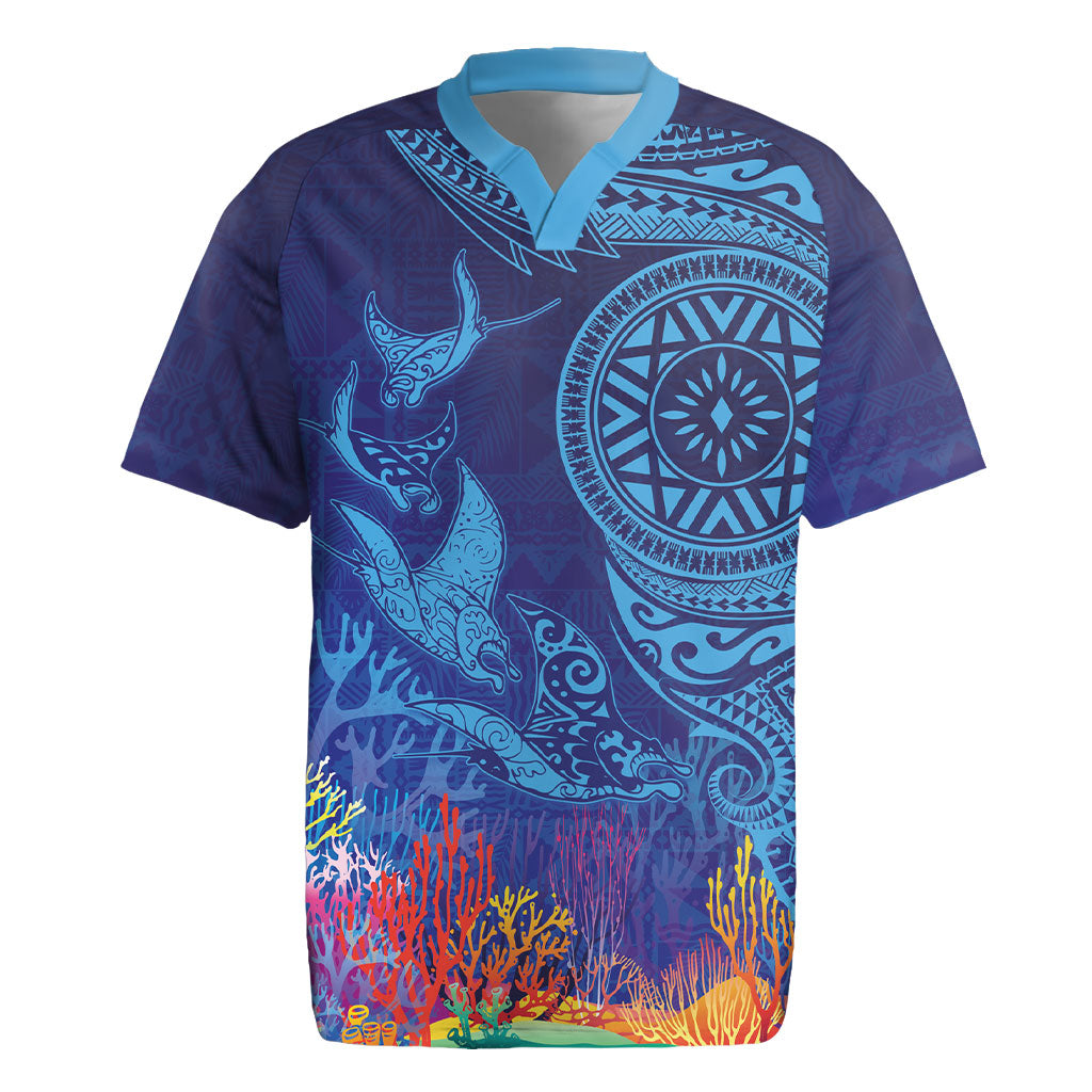 Fijian Tribal Manta Ray Rugby Jersey Masi Motif with Coral Reef Ocean Vibe LT03 Blue - Polynesian Pride