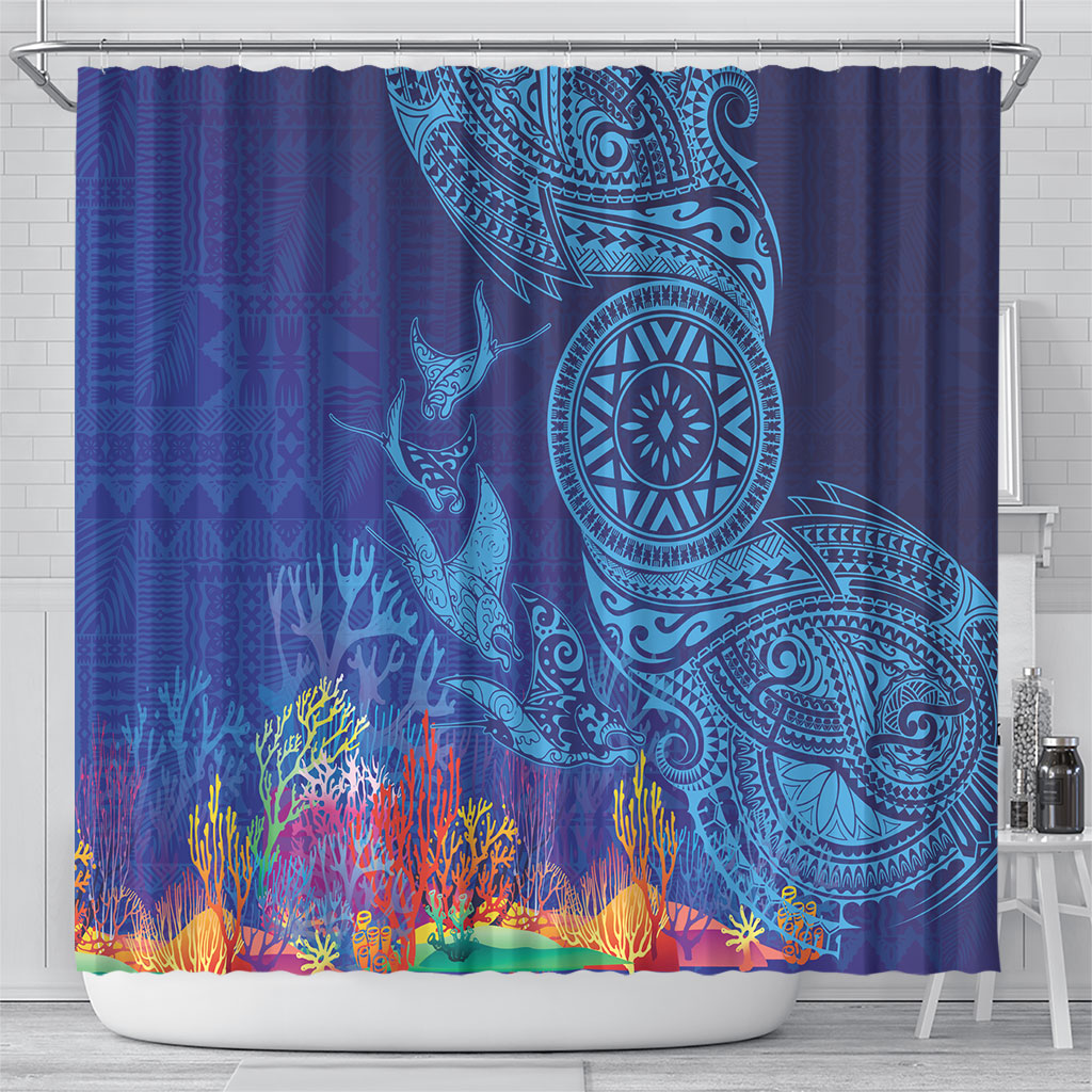 Fijian Tribal Manta Ray Shower Curtain Masi Motif with Coral Reef Ocean Vibe LT03 - Polynesian Pride