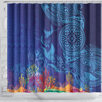 Fijian Tribal Manta Ray Shower Curtain Masi Motif with Coral Reef Ocean Vibe LT03 - Polynesian Pride