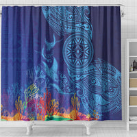 Fijian Tribal Manta Ray Shower Curtain Masi Motif with Coral Reef Ocean Vibe LT03 - Polynesian Pride