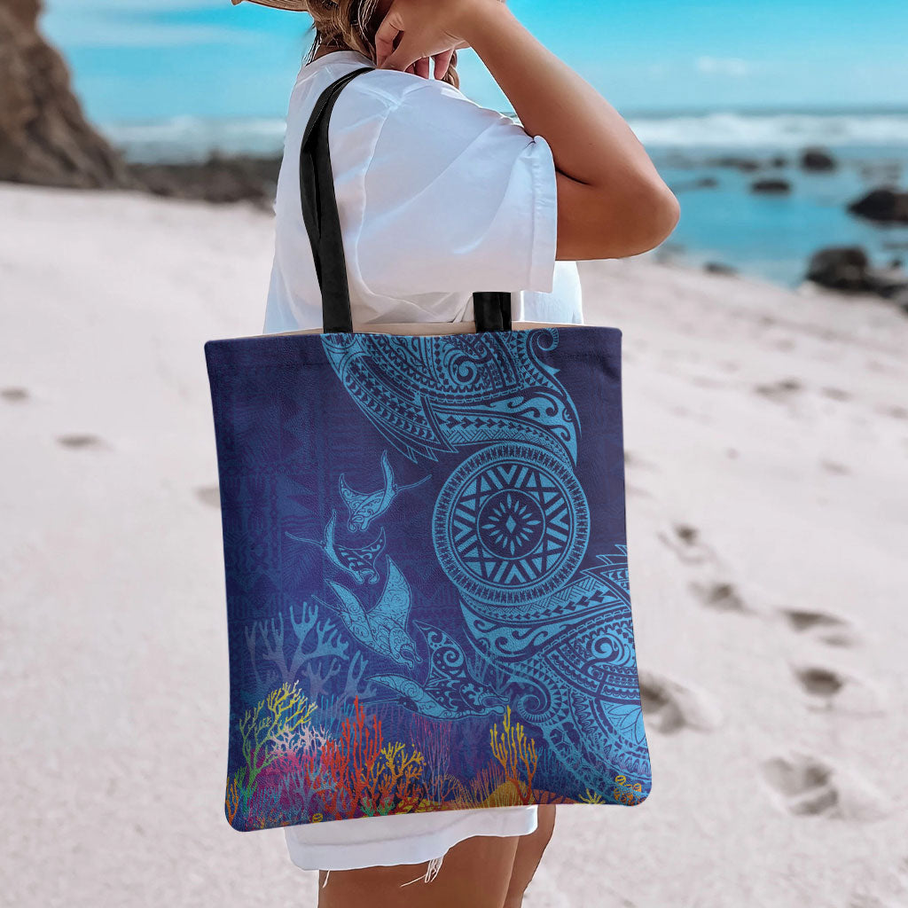 Fijian Tribal Manta Ray Tote Bag Masi Motif with Coral Reef Ocean Vibe LT03 - Polynesian Pride