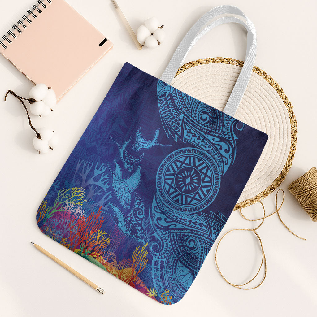 Fijian Tribal Manta Ray Tote Bag Masi Motif with Coral Reef Ocean Vibe LT03 White Strap One Size Blue - Polynesian Pride